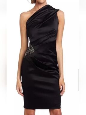 Eliza J One Shoulder Beaded Rouched Stretch Satin Black Dress Size 8